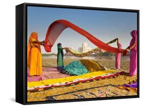 Taj Mahal, UNESCO World Heritage Site, across Yamuna River, Women Drying Colourful Saris, Agra, Utt-Gavin Hellier-Framed Stretched Canvas