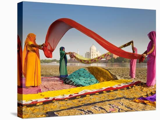 Taj Mahal, UNESCO World Heritage Site, across Yamuna River, Women Drying Colourful Saris, Agra, Utt-Gavin Hellier-Stretched Canvas