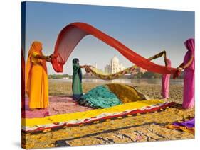 Taj Mahal, UNESCO World Heritage Site, across Yamuna River, Women Drying Colourful Saris, Agra, Utt-Gavin Hellier-Stretched Canvas