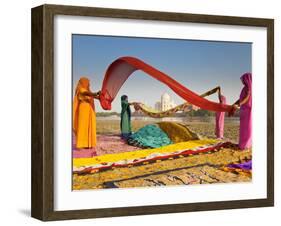 Taj Mahal, UNESCO World Heritage Site, across Yamuna River, Women Drying Colourful Saris, Agra, Utt-Gavin Hellier-Framed Photographic Print