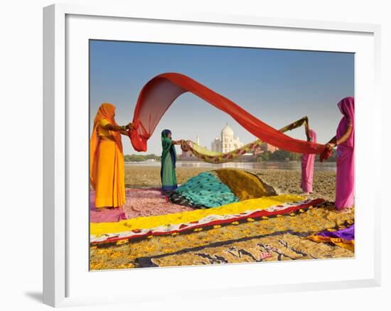 Taj Mahal, UNESCO World Heritage Site, across Yamuna River, Women Drying Colourful Saris, Agra, Utt-Gavin Hellier-Framed Photographic Print