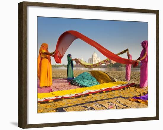 Taj Mahal, UNESCO World Heritage Site, across Yamuna River, Women Drying Colourful Saris, Agra, Utt-Gavin Hellier-Framed Photographic Print