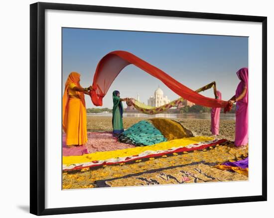 Taj Mahal, UNESCO World Heritage Site, across Yamuna River, Women Drying Colourful Saris, Agra, Utt-Gavin Hellier-Framed Photographic Print