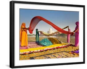 Taj Mahal, UNESCO World Heritage Site, across Yamuna River, Women Drying Colourful Saris, Agra, Utt-Gavin Hellier-Framed Photographic Print