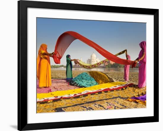 Taj Mahal, UNESCO World Heritage Site, across Yamuna River, Women Drying Colourful Saris, Agra, Utt-Gavin Hellier-Framed Photographic Print