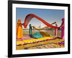 Taj Mahal, UNESCO World Heritage Site, across Yamuna River, Women Drying Colourful Saris, Agra, Utt-Gavin Hellier-Framed Photographic Print