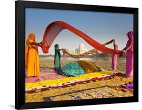 Taj Mahal, UNESCO World Heritage Site, across Yamuna River, Women Drying Colourful Saris, Agra, Utt-Gavin Hellier-Framed Photographic Print