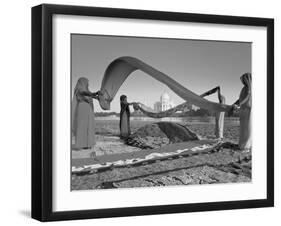 Taj Mahal, UNESCO World Heritage Site, across Yamuna River, Women Drying Colourful Saris, Agra, Utt-Gavin Hellier-Framed Photographic Print