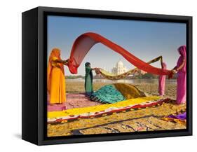 Taj Mahal, UNESCO World Heritage Site, across Yamuna River, Women Drying Colourful Saris, Agra, Utt-Gavin Hellier-Framed Stretched Canvas