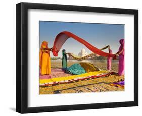 Taj Mahal, UNESCO World Heritage Site, across Yamuna River, Women Drying Colourful Saris, Agra, Utt-Gavin Hellier-Framed Photographic Print