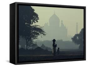 Taj Mahal with Woman and Child Silhouetted in Foreground at Dusk, Agra, Uttar Pradesh, India-David Beatty-Framed Stretched Canvas