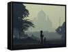 Taj Mahal with Woman and Child Silhouetted in Foreground at Dusk, Agra, Uttar Pradesh, India-David Beatty-Framed Stretched Canvas