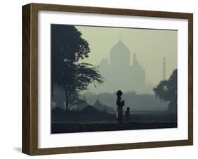 Taj Mahal with Woman and Child Silhouetted in Foreground at Dusk, Agra, Uttar Pradesh, India-David Beatty-Framed Photographic Print