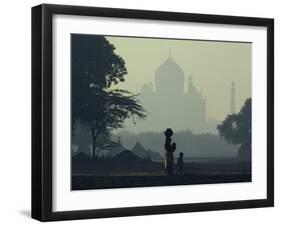 Taj Mahal with Woman and Child Silhouetted in Foreground at Dusk, Agra, Uttar Pradesh, India-David Beatty-Framed Photographic Print