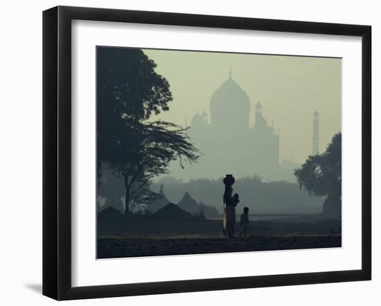 Taj Mahal with Woman and Child Silhouetted in Foreground at Dusk, Agra, Uttar Pradesh, India-David Beatty-Framed Photographic Print