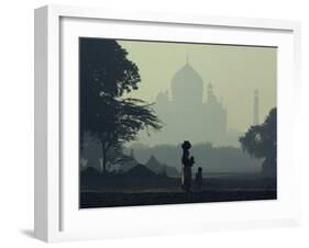 Taj Mahal with Woman and Child Silhouetted in Foreground at Dusk, Agra, Uttar Pradesh, India-David Beatty-Framed Photographic Print