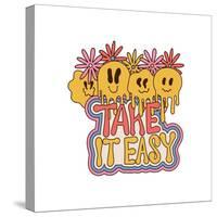 Take it Easy - Retro Grovvy Lettering Print with Daisy Flowers and Melting Emiji for Graphic Tee T-Svetlana Shamshurina-Stretched Canvas