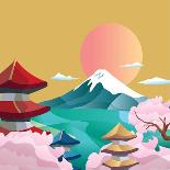 Japan Style Buildings and Fuji Mountain.-takiwa-Stretched Canvas