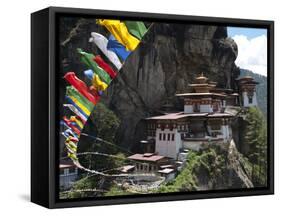 Taktshang Goemba (Tigers Nest Monastery) with Prayer Flags and Cliff, Paro Valley, Bhutan, Asia-Eitan Simanor-Framed Stretched Canvas