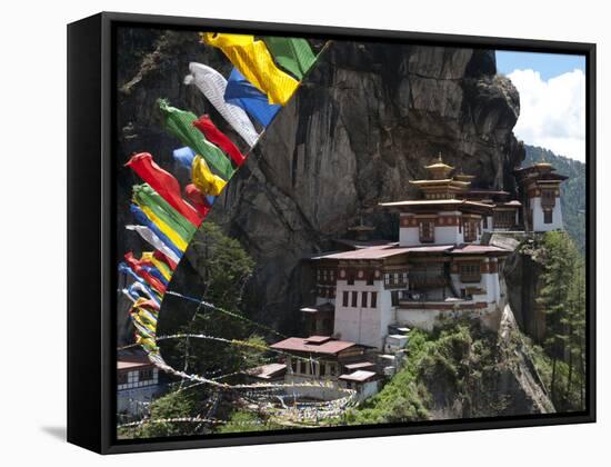 Taktshang Goemba (Tigers Nest Monastery) with Prayer Flags and Cliff, Paro Valley, Bhutan, Asia-Eitan Simanor-Framed Stretched Canvas