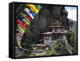 Taktshang Goemba (Tigers Nest Monastery) with Prayer Flags and Cliff, Paro Valley, Bhutan, Asia-Eitan Simanor-Framed Stretched Canvas