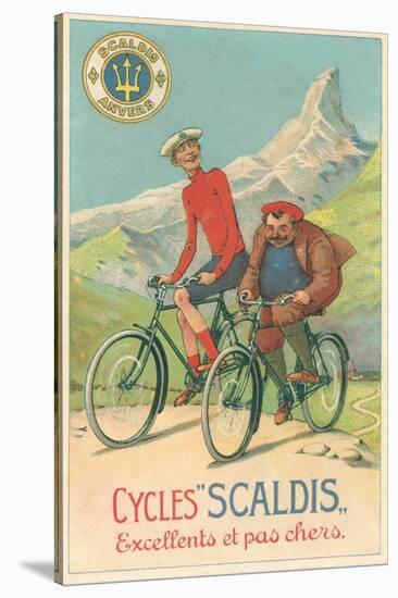 Tall and Fat Guy Riding Bicycles in Mountains-null-Stretched Canvas