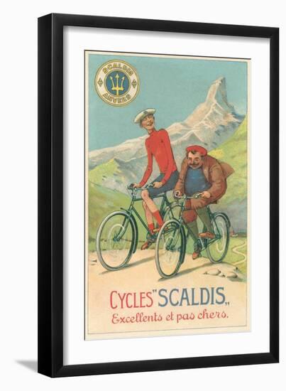 Tall and Fat Guy Riding Bicycles in Mountains-null-Framed Art Print