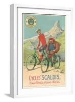 Tall and Fat Guy Riding Bicycles in Mountains-null-Framed Art Print