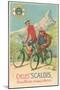 Tall and Fat Guy Riding Bicycles in Mountains-null-Mounted Art Print