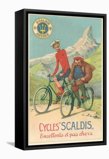 Tall and Fat Guy Riding Bicycles in Mountains-null-Framed Stretched Canvas