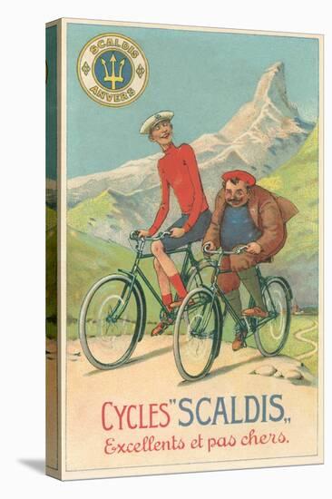 Tall and Fat Guy Riding Bicycles in Mountains-null-Stretched Canvas