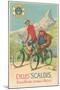 Tall and Fat Guy Riding Bicycles in Mountains-null-Mounted Art Print