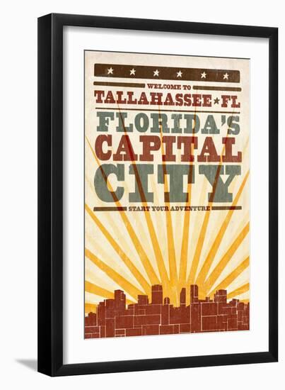 Tallahassee, Florida - Skyline and Sunburst Screenprint Style-Lantern Press-Framed Art Print