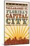 Tallahassee, Florida - Skyline and Sunburst Screenprint Style-Lantern Press-Mounted Art Print