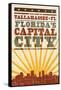 Tallahassee, Florida - Skyline and Sunburst Screenprint Style-Lantern Press-Framed Stretched Canvas