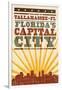 Tallahassee, Florida - Skyline and Sunburst Screenprint Style-Lantern Press-Framed Art Print