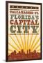 Tallahassee, Florida - Skyline and Sunburst Screenprint Style-Lantern Press-Framed Art Print