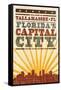 Tallahassee, Florida - Skyline and Sunburst Screenprint Style-Lantern Press-Framed Stretched Canvas