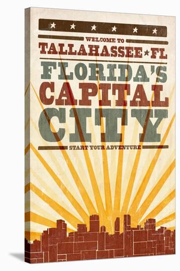 Tallahassee, Florida - Skyline and Sunburst Screenprint Style-Lantern Press-Stretched Canvas