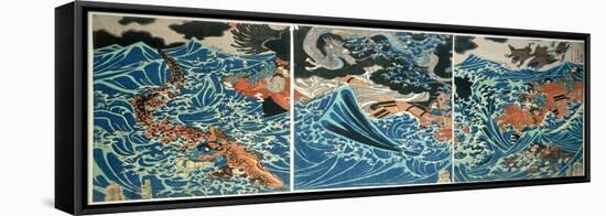 Tametomo's Shipwreck, Pub. C.1836, (Colour Woodblock Print)-Kuniyoshi Utagawa-Framed Stretched Canvas