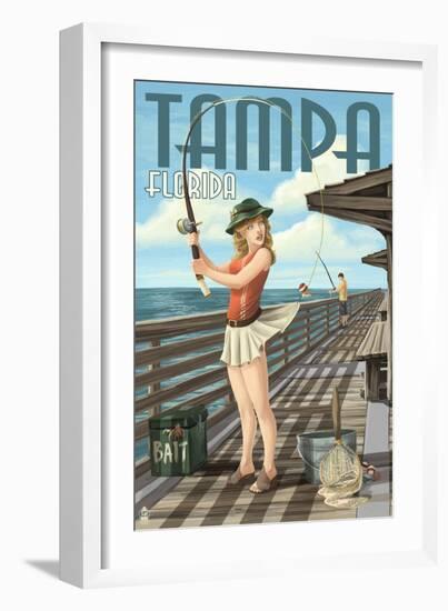 Tampa, Florida - Pinup Girl Fishing-Lantern Press-Framed Art Print