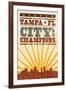 Tampa, Florida - Skyline and Sunburst Screenprint Style-Lantern Press-Framed Art Print