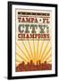 Tampa, Florida - Skyline and Sunburst Screenprint Style-Lantern Press-Framed Art Print