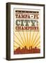 Tampa, Florida - Skyline and Sunburst Screenprint Style-Lantern Press-Framed Art Print