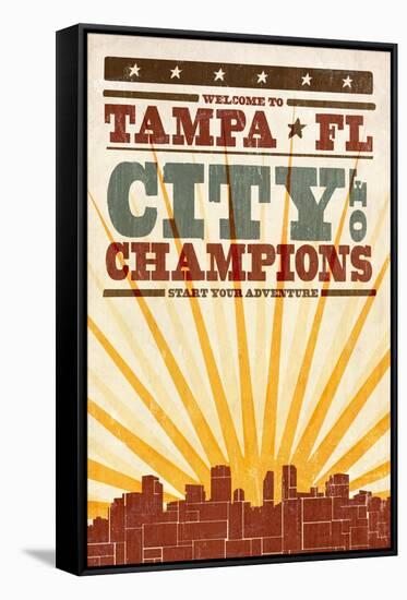 Tampa, Florida - Skyline and Sunburst Screenprint Style-Lantern Press-Framed Stretched Canvas