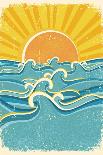 Sea Waves and Yellow Sun on Old Paper Texture.Vintage Illustration-Tancha-Art Print