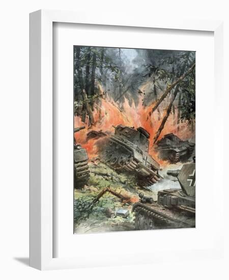 Tank Battle in the Forests of Leningrad-Achille Beltrame-Framed Art Print