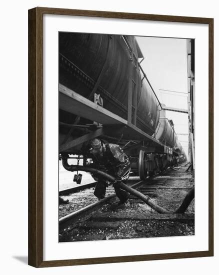 Tank Cars Line Up to Take on Crude Oil at Siding of Standard Oil of New Jersey Refinery-null-Framed Photographic Print