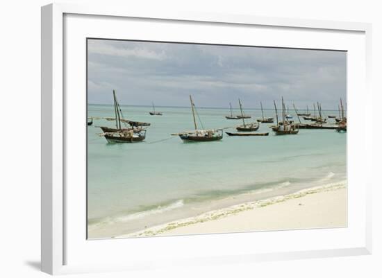 Tanzania, Zanzibar, Nungwi, Traditional Fisherman Boat on White Beach-Anthony Asael-Framed Photographic Print