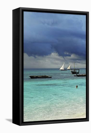 Tanzania, Zanzibar, Nungwi, Traditional Sailing Boat with Storm-Anthony Asael-Framed Stretched Canvas